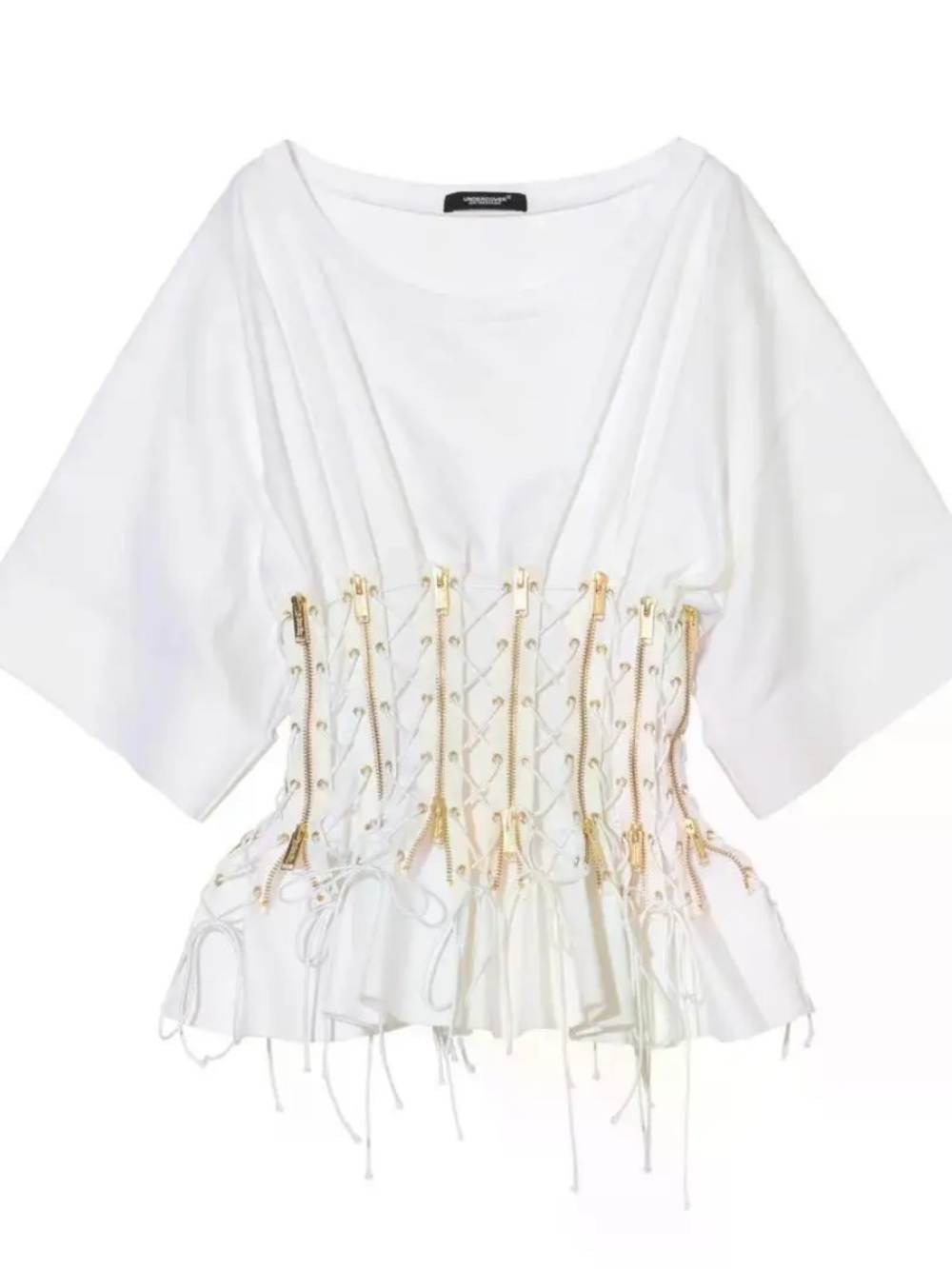 Undercover by Jun Takahashi Cotton Blouse White Lace-Up Peplum Sleeve Top